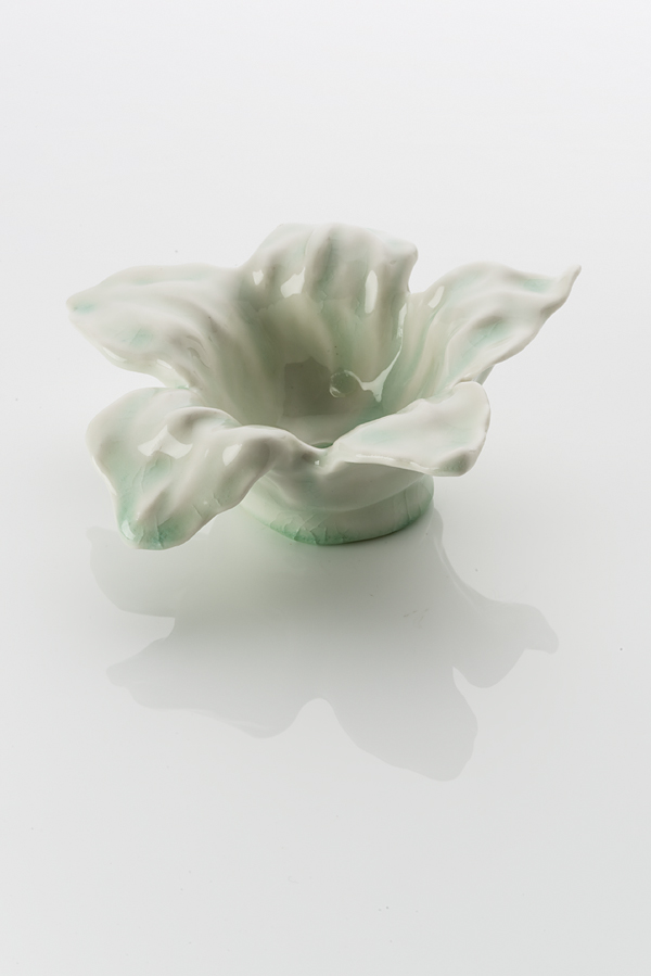 Hand made ceramic flowering form made from a white clay body, washed over with a pale green shiny glaze. The object has a flat base, from which five large flowering petals open, to create a bowl-like form.