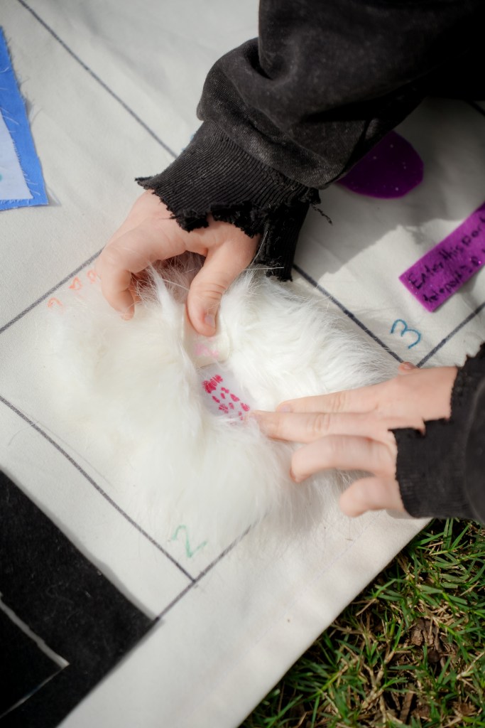 Detail of Up and Down Queen Street game. Detail of a white fur spot in game grid opened by players hands to reveal code